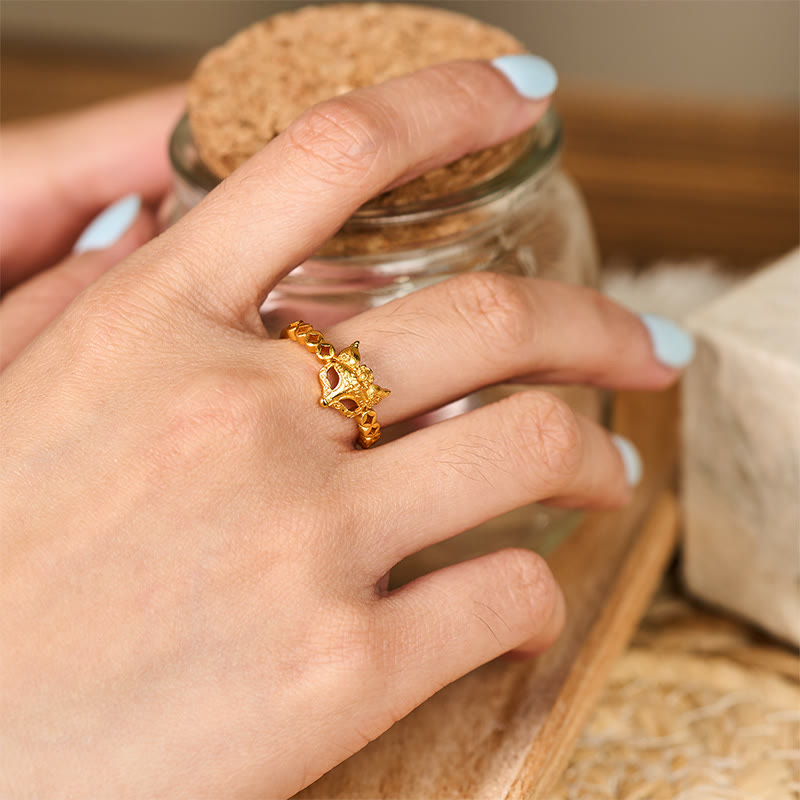 Wear FengShui 24k Gold Plated Brass Fox Coin Hollow Design Adjustable Ring