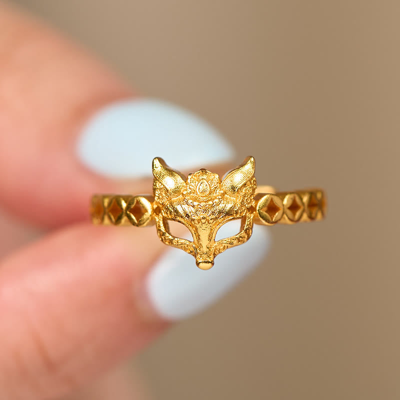 Wear FengShui 24k Gold Plated Brass Fox Coin Hollow Design Adjustable Ring