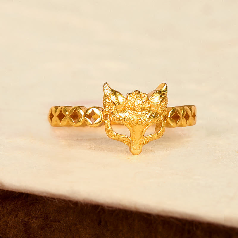 Wear FengShui 24k Gold Plated Brass Fox Coin Hollow Design Adjustable Ring