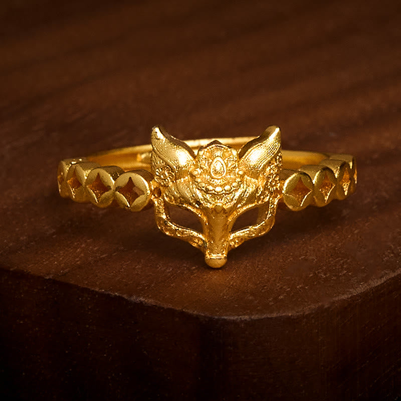 Wear FengShui 24k Gold Plated Brass Fox Coin Hollow Design Adjustable Ring