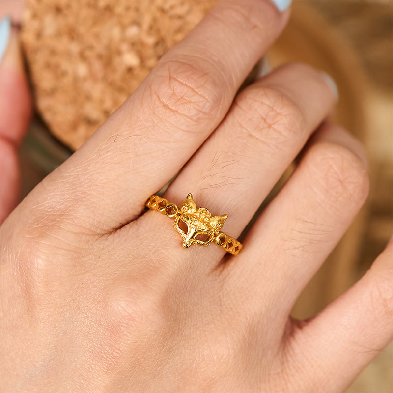 Wear FengShui 24k Gold Plated Brass Fox Coin Hollow Design Adjustable Ring