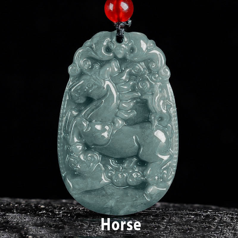 Wear FengShui Chinese Zodiac Jade Year of the Horse Luck Rope Necklace Pendant