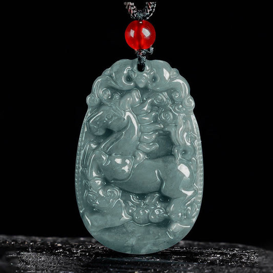 Wear FengShui Chinese Zodiac Jade Year of the Horse Luck Rope Necklace Pendant