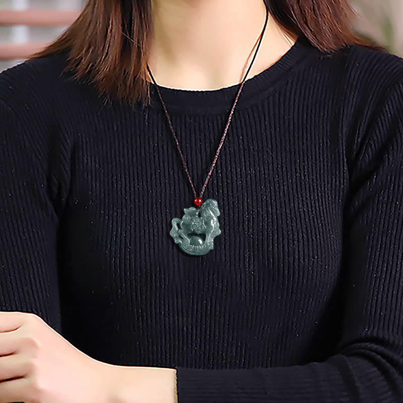 Wear FengShui Year of the Horse Jade Ingot Luck Prosperity Rope Necklace Pendant