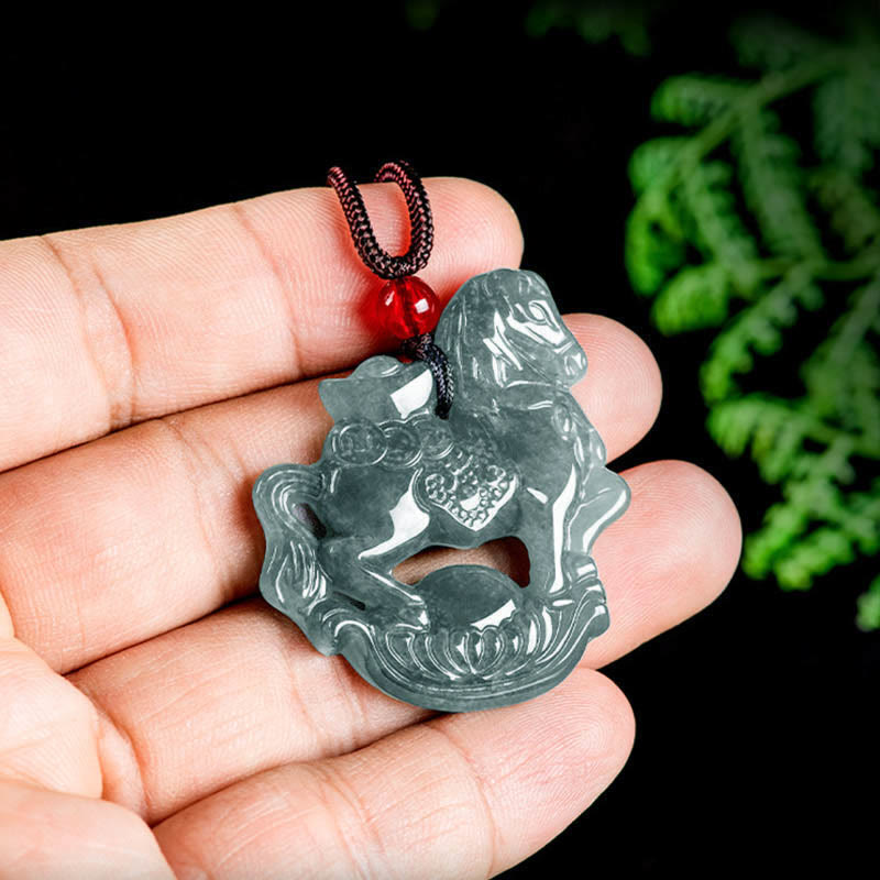 Wear FengShui Year of the Horse Jade Ingot Luck Prosperity Rope Necklace Pendant