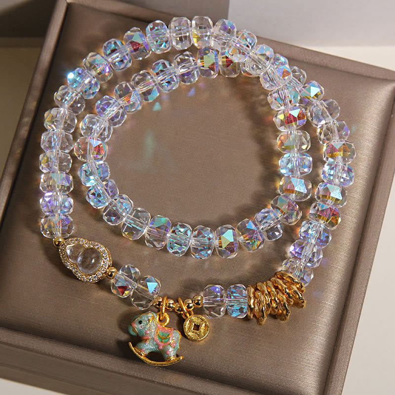 Wear FengShui Chinese Zodiac Year Of The Horse Crystal Glass Copper Coin Gourd Double Wrap Bracelet