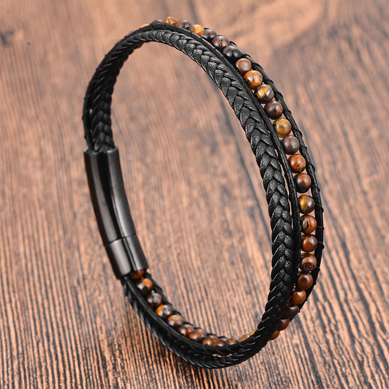 Wear FengShui Tiger Eye Titanium Steel Protection Strengthen Leather Bracelet