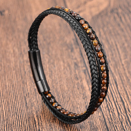 Wear FengShui Tiger Eye Titanium Steel Protection Strengthen Leather Bracelet