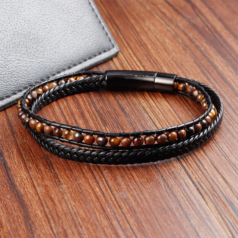 Wear FengShui Tiger Eye Titanium Steel Protection Strengthen Leather Bracelet