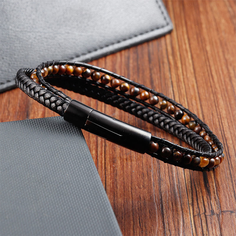Wear FengShui Tiger Eye Titanium Steel Protection Strengthen Leather Bracelet