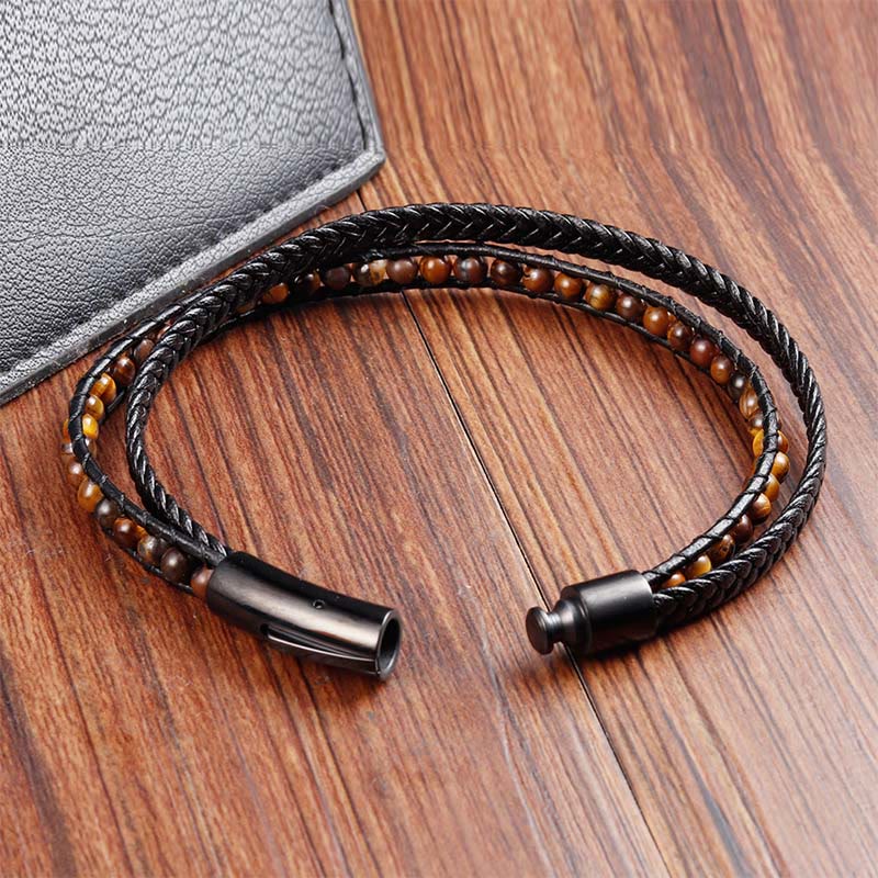 Wear FengShui Tiger Eye Titanium Steel Protection Strengthen Leather Bracelet