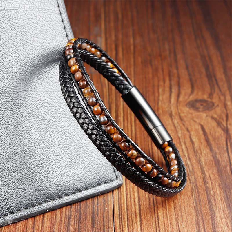 Wear FengShui Tiger Eye Titanium Steel Protection Strengthen Leather Bracelet