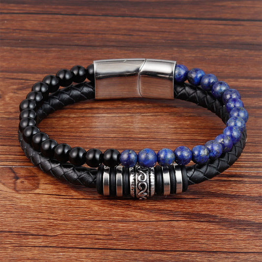 Wear FengShui Black Onyx Lazurite Lapis Lazuli Titanium Steel Fortune Calm Leather Bracelet