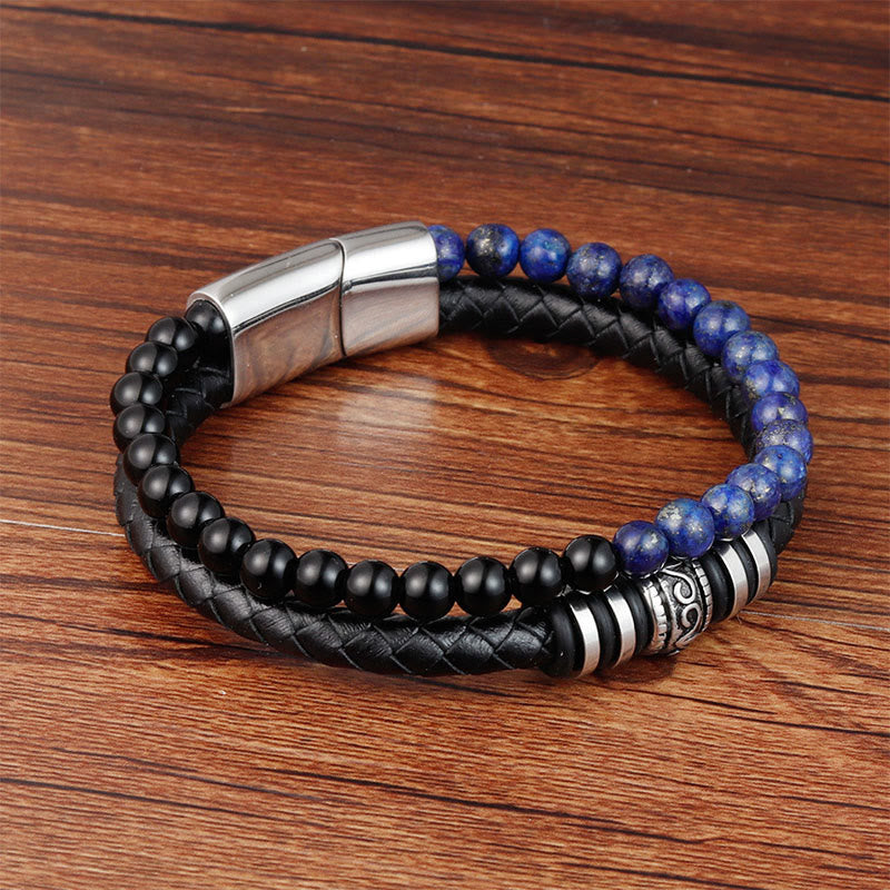 Wear FengShui Black Onyx Lazurite Lapis Lazuli Titanium Steel Fortune Calm Leather Bracelet