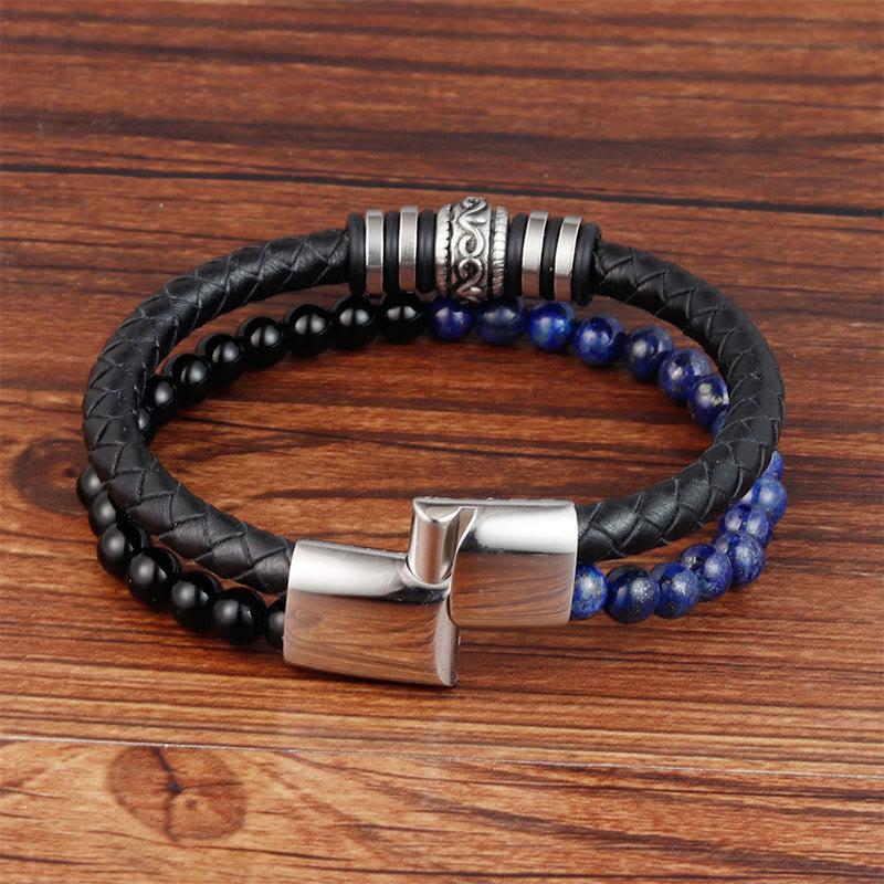 Wear FengShui Black Onyx Lazurite Lapis Lazuli Titanium Steel Fortune Calm Leather Bracelet
