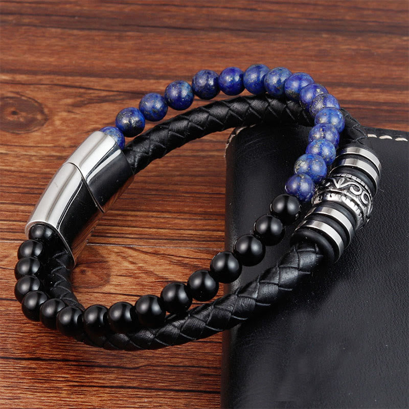 Wear FengShui Black Onyx Lazurite Lapis Lazuli Titanium Steel Fortune Calm Leather Bracelet