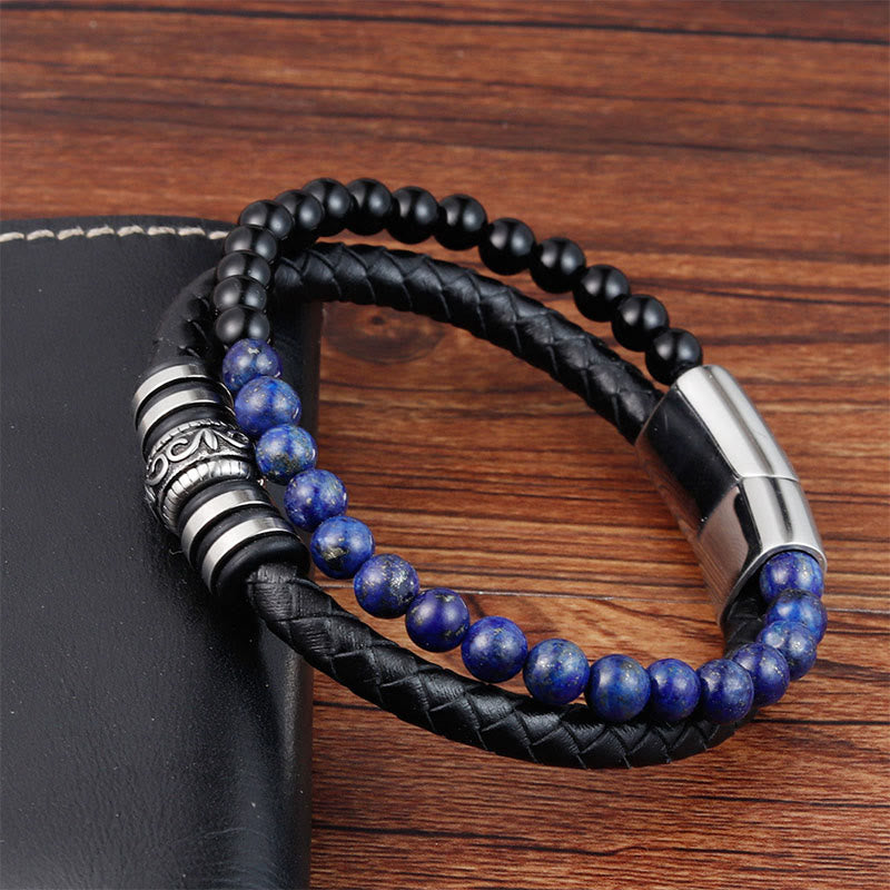 Wear FengShui Black Onyx Lazurite Lapis Lazuli Titanium Steel Fortune Calm Leather Bracelet