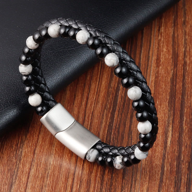 Wear FengShui Black Onyx Grey Jasper Titanium Steel Stability Leather Bracelet