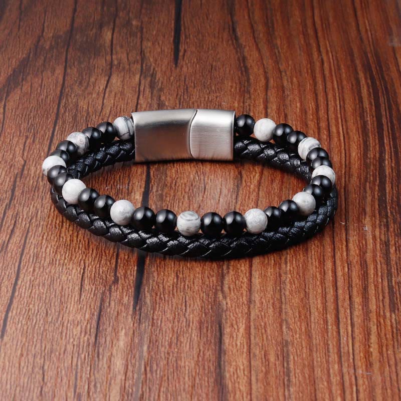 Wear FengShui Black Onyx Grey Jasper Titanium Steel Stability Leather Bracelet