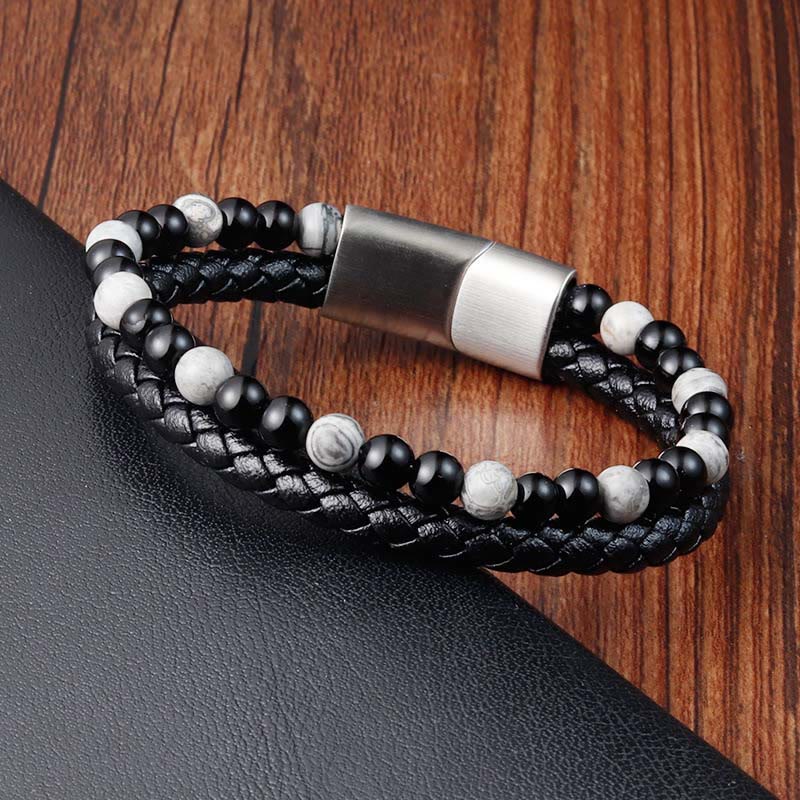 Wear FengShui Black Onyx Grey Jasper Titanium Steel Stability Leather Bracelet