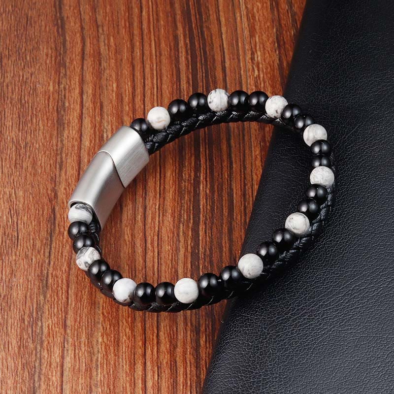 Wear FengShui Black Onyx Grey Jasper Titanium Steel Stability Leather Bracelet