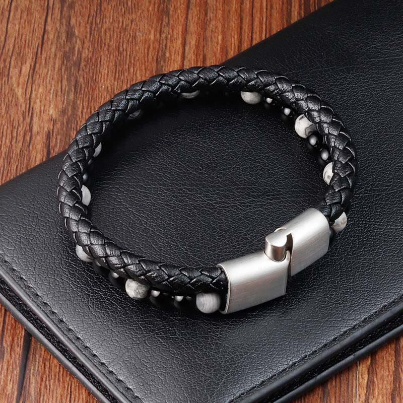 Wear FengShui Black Onyx Grey Jasper Titanium Steel Stability Leather Bracelet