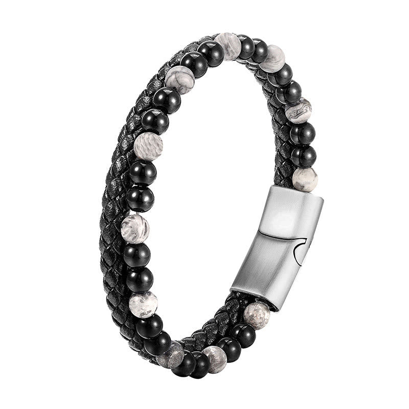 Wear FengShui Black Onyx Grey Jasper Titanium Steel Stability Leather Bracelet