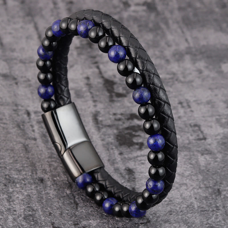 Wear FengShui Black Onyx Lazurite Lapis Lazuli Titanium Steel Positive Self Care Leather Bracelet