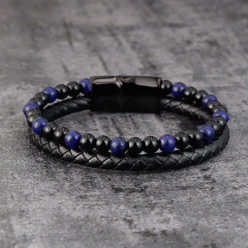 Wear FengShui Black Onyx Lazurite Lapis Lazuli Titanium Steel Positive Self Care Leather Bracelet