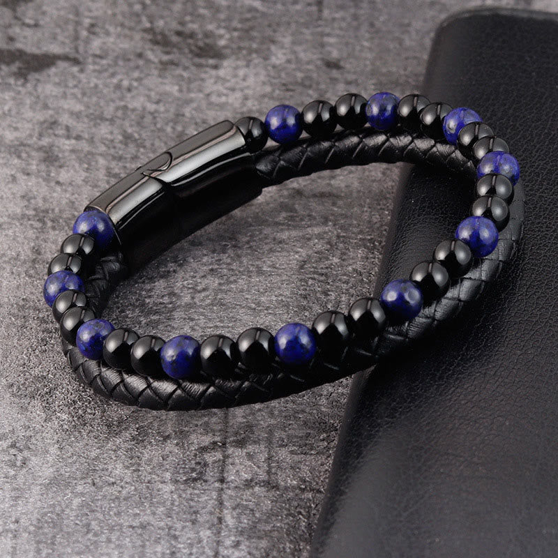 Wear FengShui Black Onyx Lazurite Lapis Lazuli Titanium Steel Positive Self Care Leather Bracelet