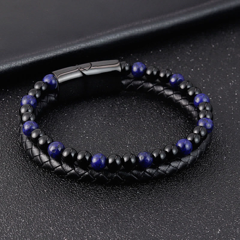 Wear FengShui Black Onyx Lazurite Lapis Lazuli Titanium Steel Positive Self Care Leather Bracelet