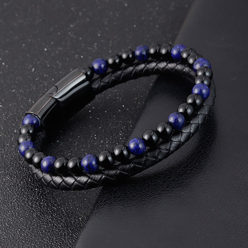 Wear FengShui Black Onyx Lazurite Lapis Lazuli Titanium Steel Positive Self Care Leather Bracelet