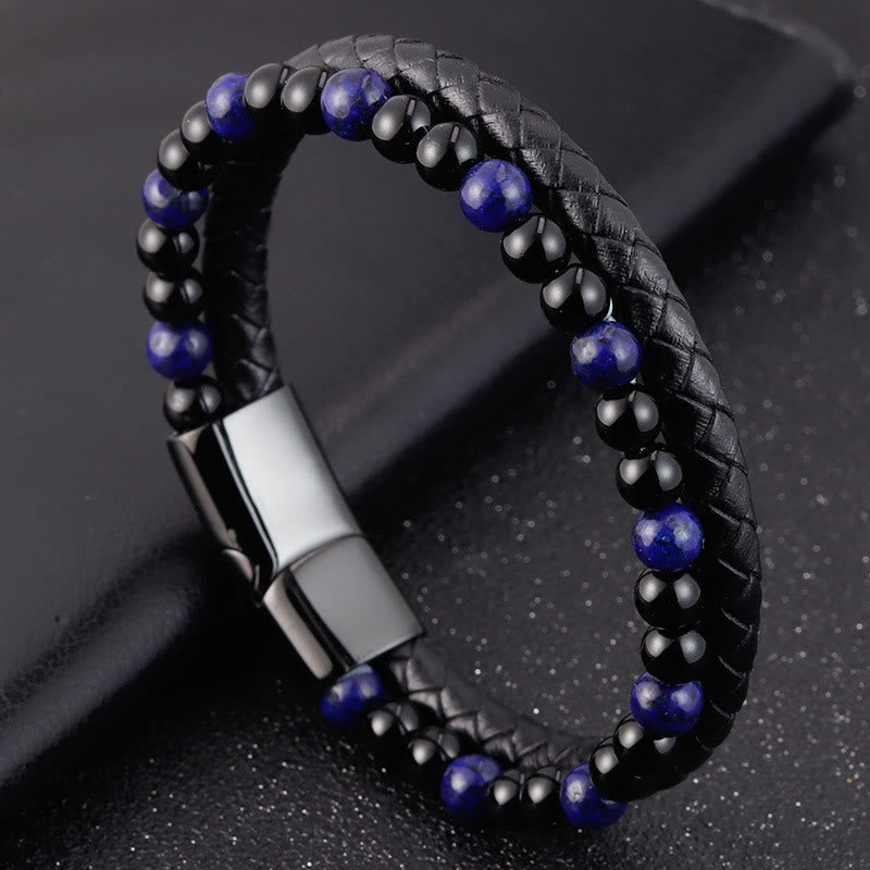 Wear FengShui Black Onyx Lazurite Lapis Lazuli Titanium Steel Positive Self Care Leather Bracelet