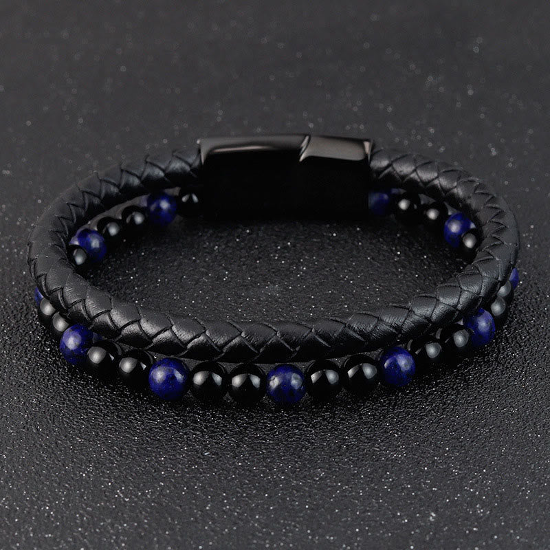 Wear FengShui Black Onyx Lazurite Lapis Lazuli Titanium Steel Positive Self Care Leather Bracelet