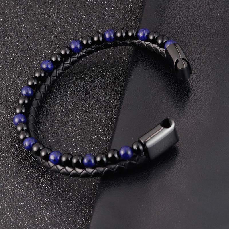 Wear FengShui Black Onyx Lazurite Lapis Lazuli Titanium Steel Positive Self Care Leather Bracelet