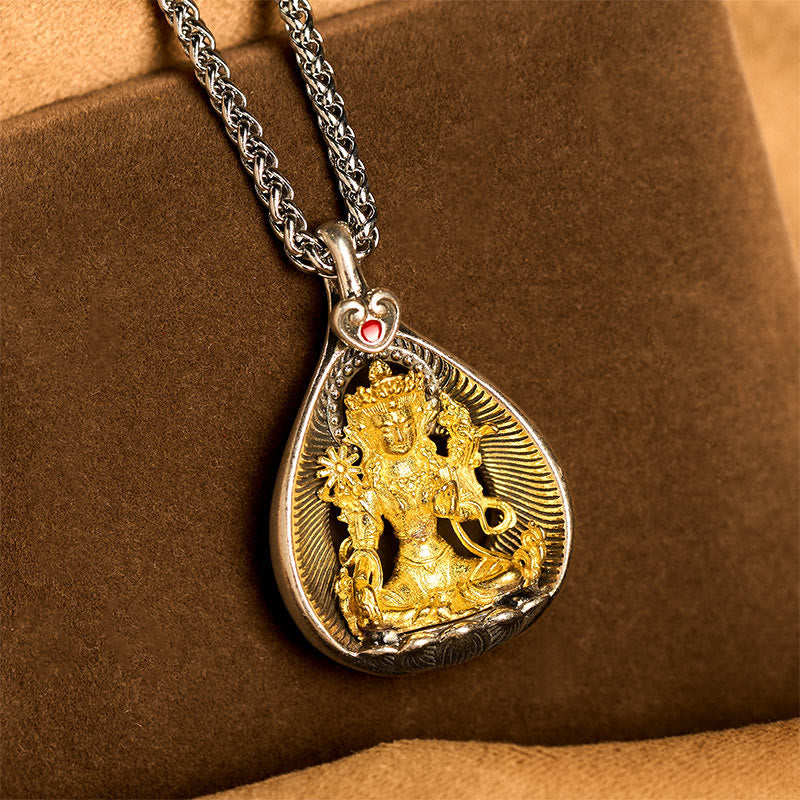 Wear FengShui Green Tara Shakyamuni Buddha Copper Plated Silver Curb Chain Luck Pendant Necklace