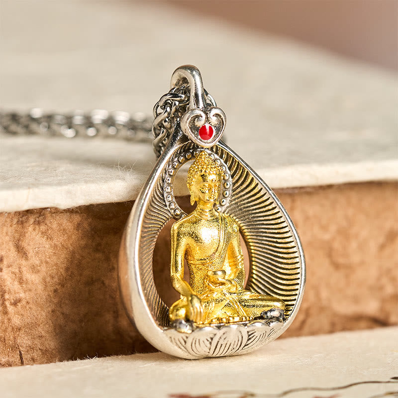 Wear FengShui Green Tara Shakyamuni Buddha Copper Plated Silver Curb Chain Luck Pendant Necklace
