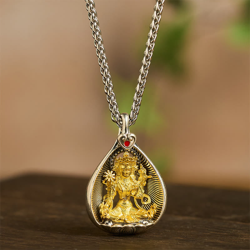 Wear FengShui Green Tara Shakyamuni Buddha Copper Plated Silver Curb Chain Luck Pendant Necklace