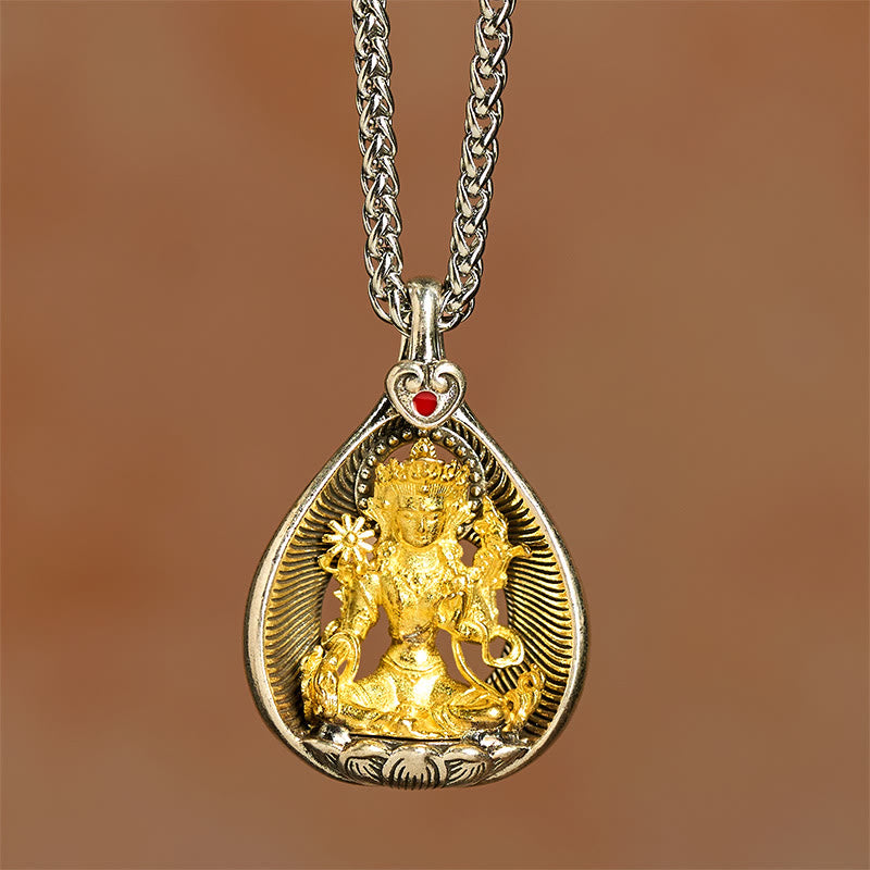 Wear FengShui Green Tara Shakyamuni Buddha Copper Plated Silver Curb Chain Luck Pendant Necklace