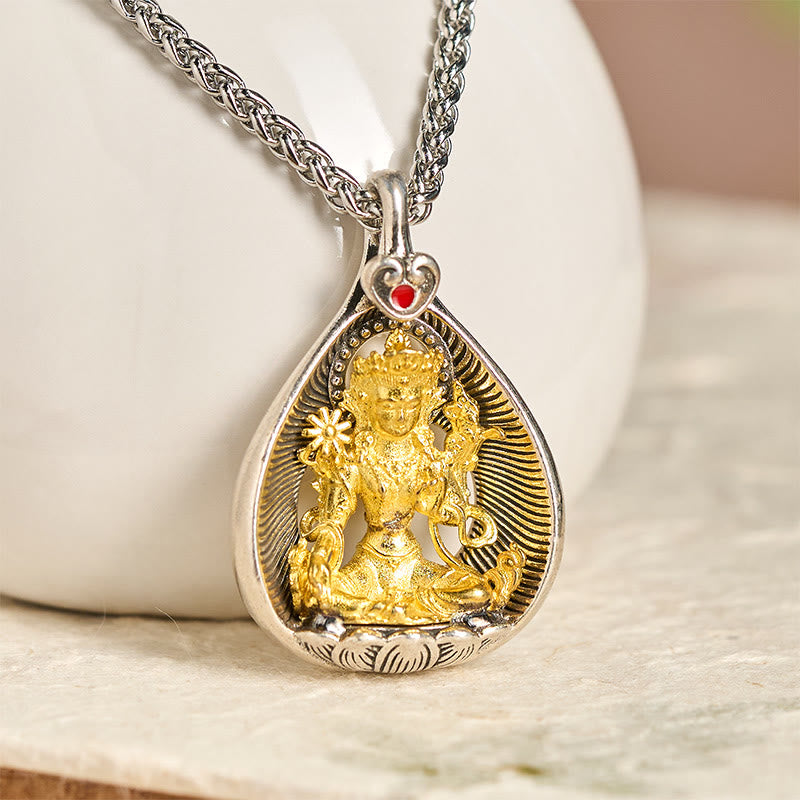 Wear FengShui Green Tara Shakyamuni Buddha Copper Plated Silver Curb Chain Luck Pendant Necklace