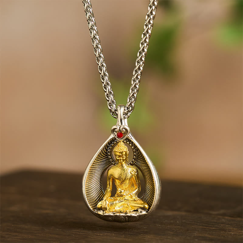 Wear FengShui Green Tara Shakyamuni Buddha Copper Plated Silver Curb Chain Luck Pendant Necklace