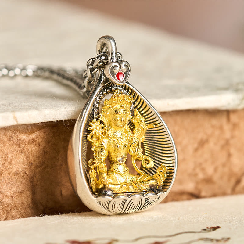 Wear FengShui Green Tara Shakyamuni Buddha Copper Plated Silver Curb Chain Luck Pendant Necklace