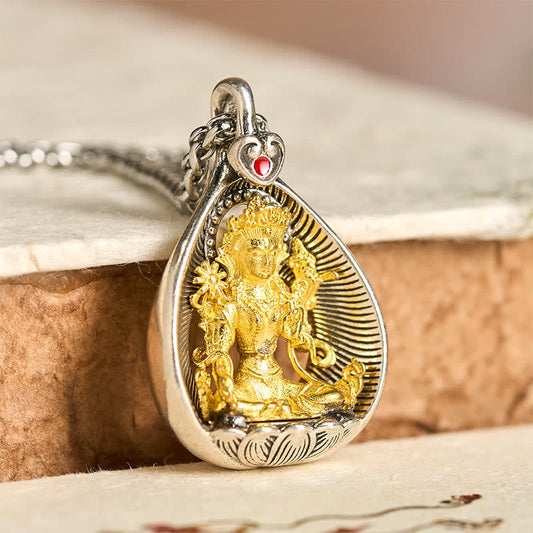 Wear FengShui Green Tara Shakyamuni Buddha Copper Plated Silver Curb Chain Luck Pendant Necklace