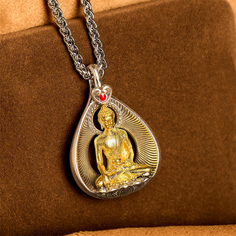 Wear FengShui Green Tara Shakyamuni Buddha Copper Plated Silver Curb Chain Luck Pendant Necklace