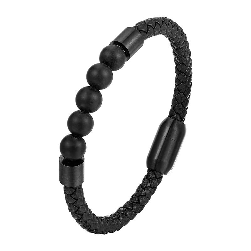 Wear FengShui Frosted Stone Lava Rock Tiger Eye Titanium Steel Stimulation Leather Bracelet