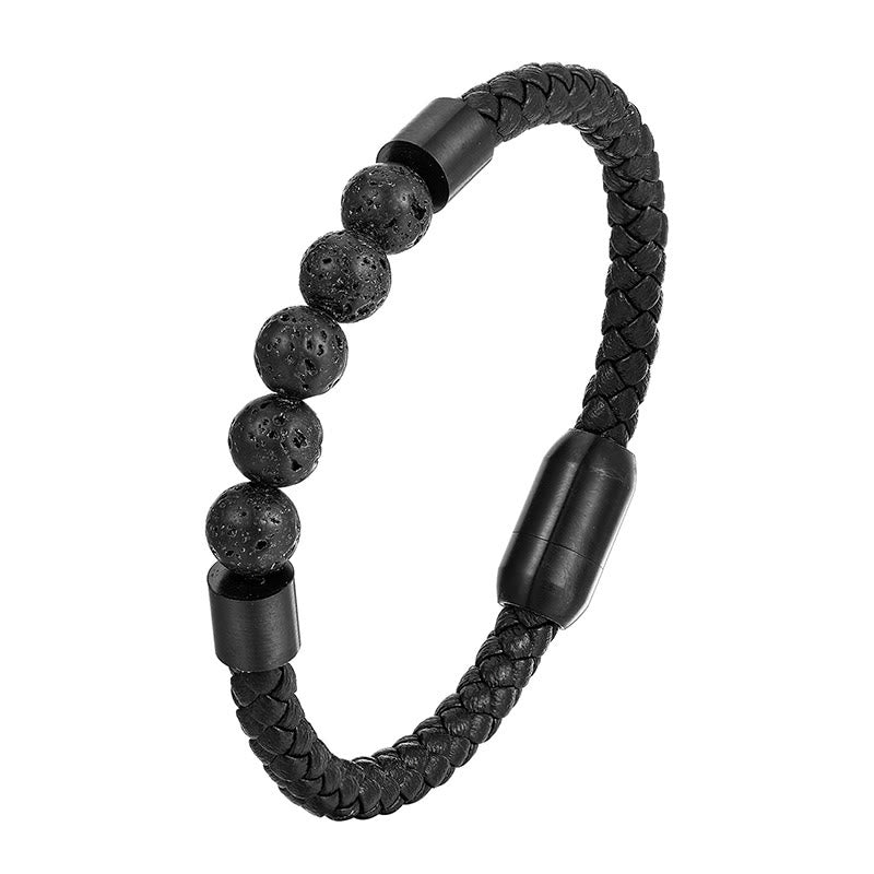 Wear FengShui Frosted Stone Lava Rock Tiger Eye Titanium Steel Stimulation Leather Bracelet