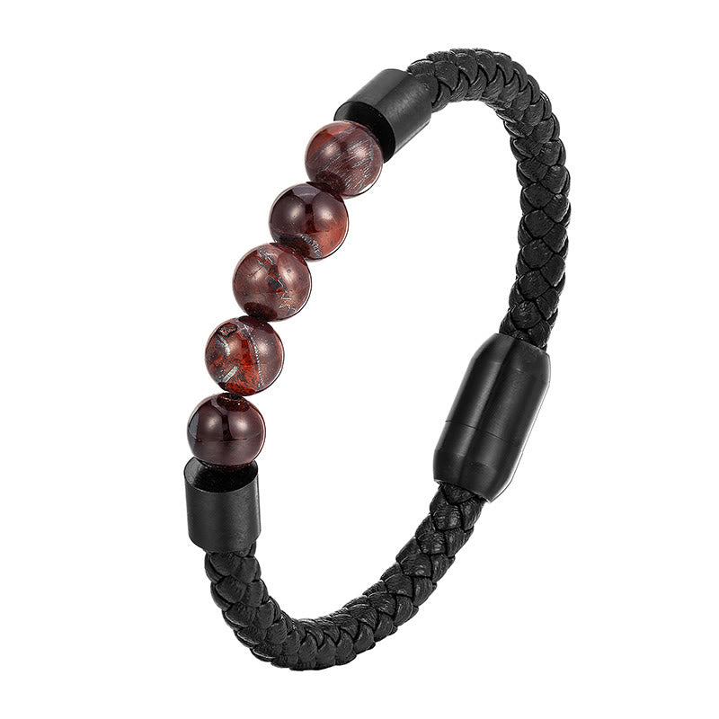 Wear FengShui Frosted Stone Lava Rock Tiger Eye Titanium Steel Stimulation Leather Bracelet