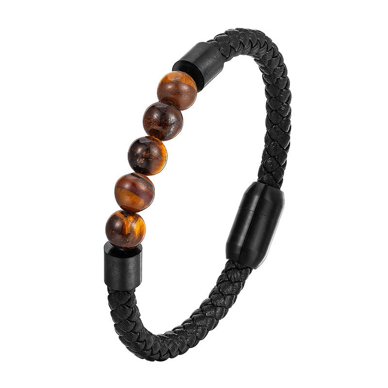 Wear FengShui Frosted Stone Lava Rock Tiger Eye Titanium Steel Stimulation Leather Bracelet