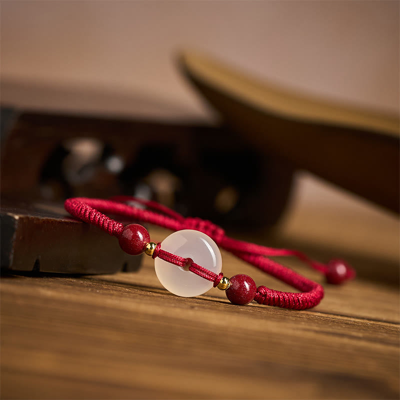 Wear FengShui Peace Buckle White Agate Flat Knot Diamond Knot Red String Connection Bracelet