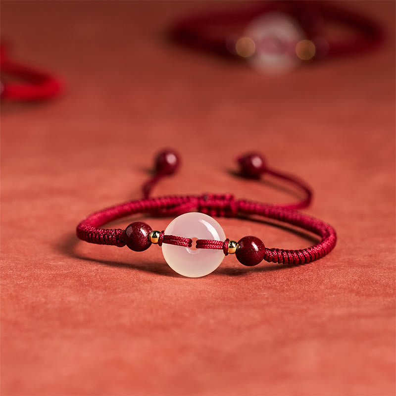 Wear FengShui Peace Buckle White Agate Flat Knot Diamond Knot Red String Connection Bracelet